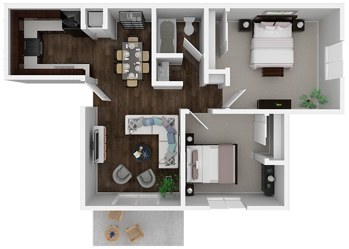 Floor plan for 2 beds, 1 bath, 750 sqft